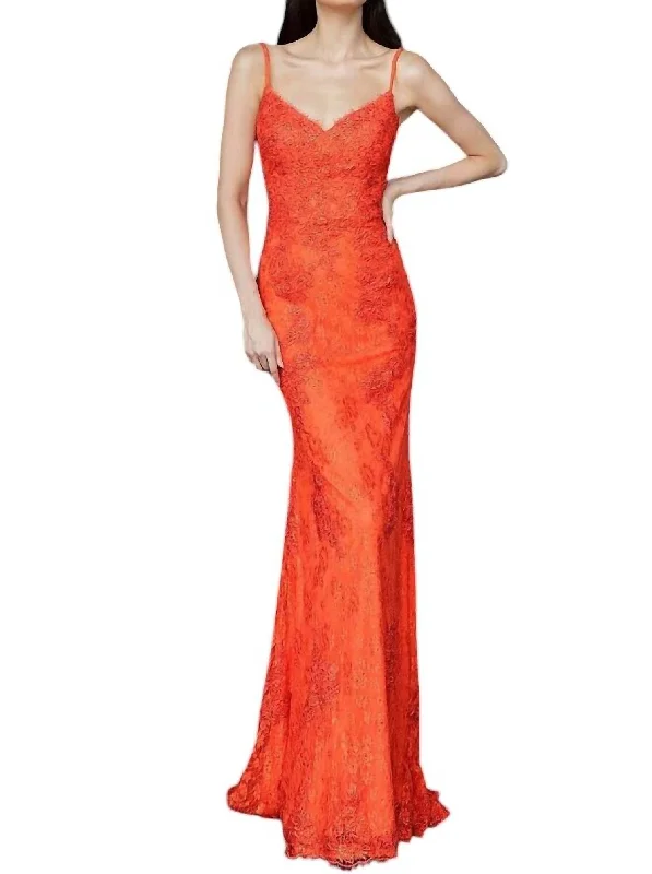 City Fashion Form Fitting Lace Prom Dress In Orange/red