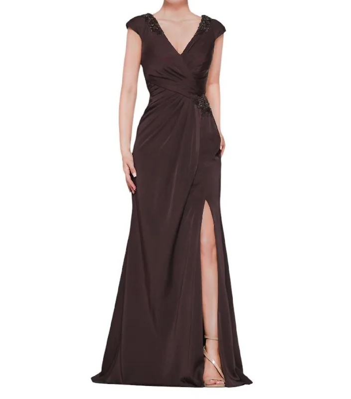 Casual Chic Clothing Cap Sleeve High Slit Formal Dress In Dark Brown