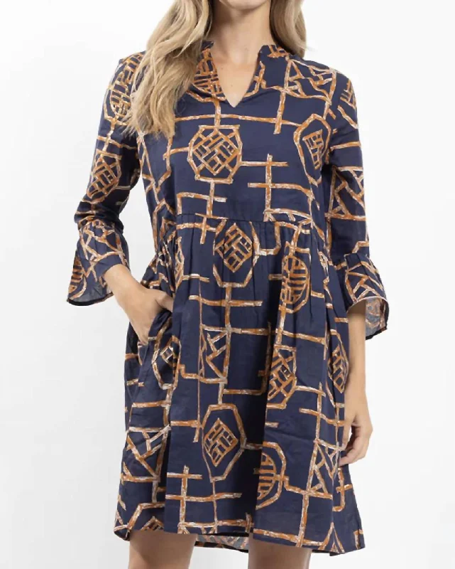 Women's Layered Outfit Faith Dress In Bamboo Lattice Navy/gold