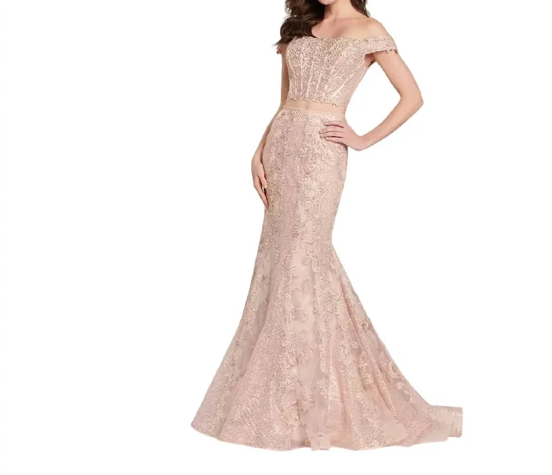 Relaxed Fashion 2 Piece Off Shoulder Lace Bead Tulle Prom Dress In Rose Gold