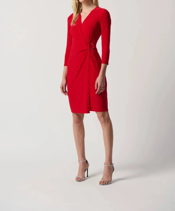 Casual Attire For Women Silky Knit Wrap Dress With O-Ring In Red