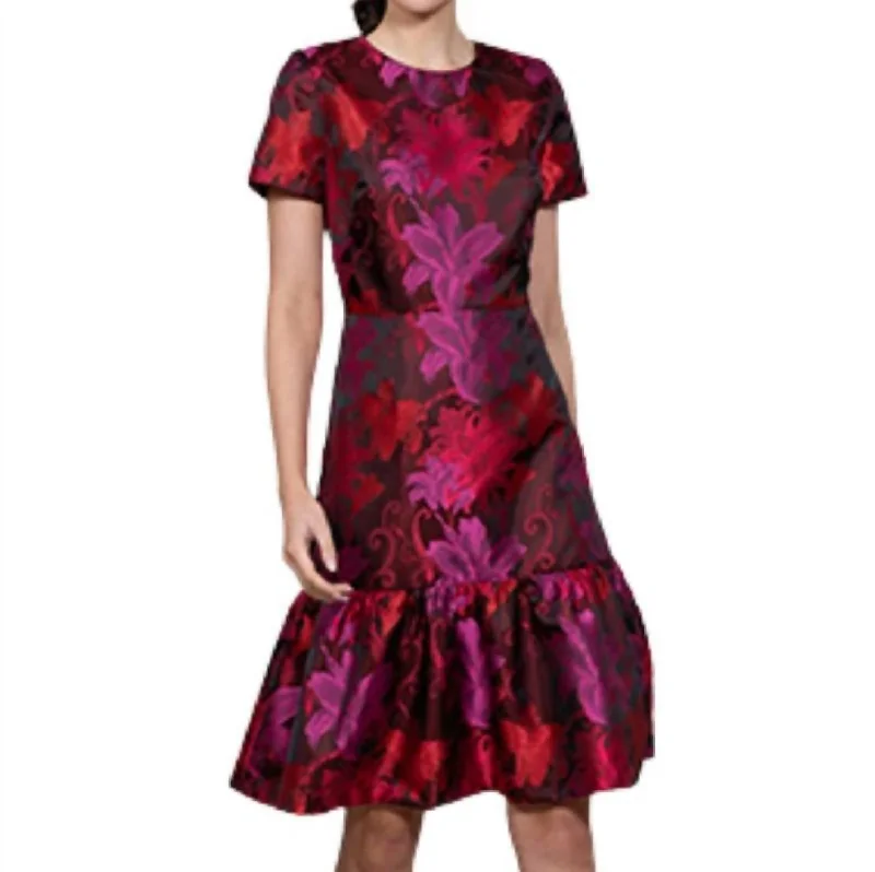 Comfortable Women's Apparel Jacquard Ruffle Dress In Black,fushia,red