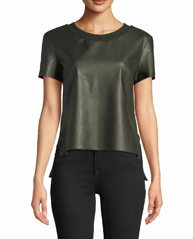 Women's Luxury Attire Leather T-Shirt In Army Green