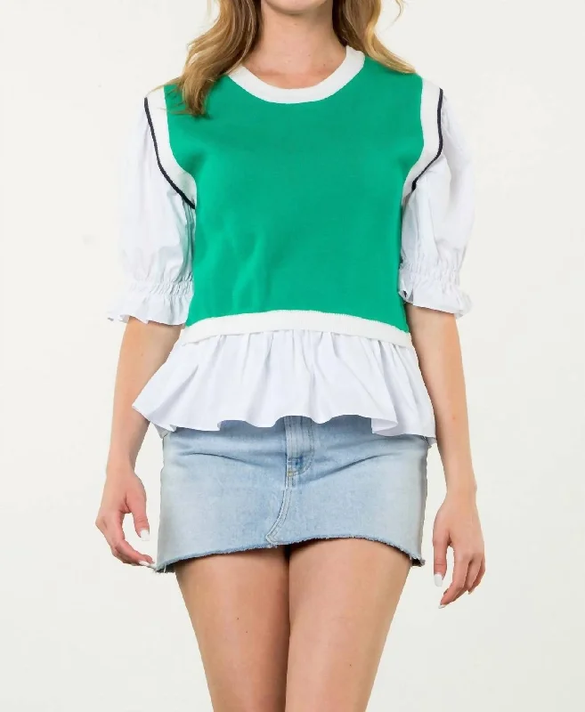 Women's Contemporary Apparel Mixed Media Knit Top In Green/white