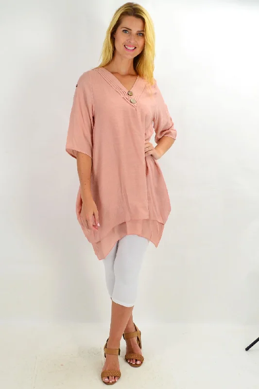 Trendy Street Style Clothing Blush Coconut Button Short Sleeve Tunic Top