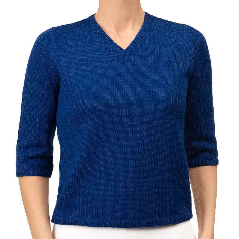 Modern Women's Apparel V Neck Cotton Pullover in Blue Ribbon