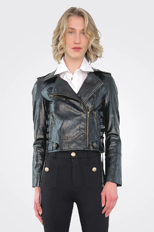 Unique Women's Fashion Pieces Leather-Like Biker Jacket - Black