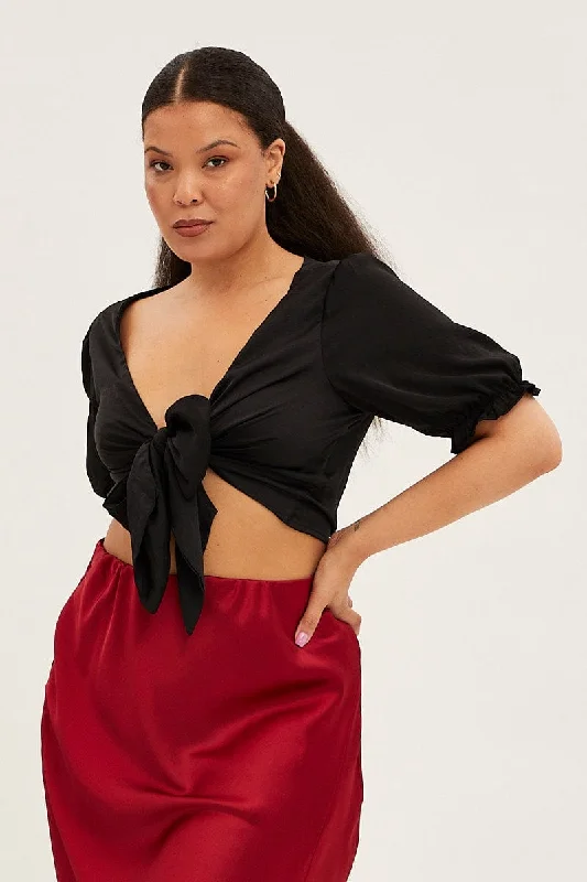 Online Boutiques Clothing Black Satin Tie Front Short Sleeve Bolero Top