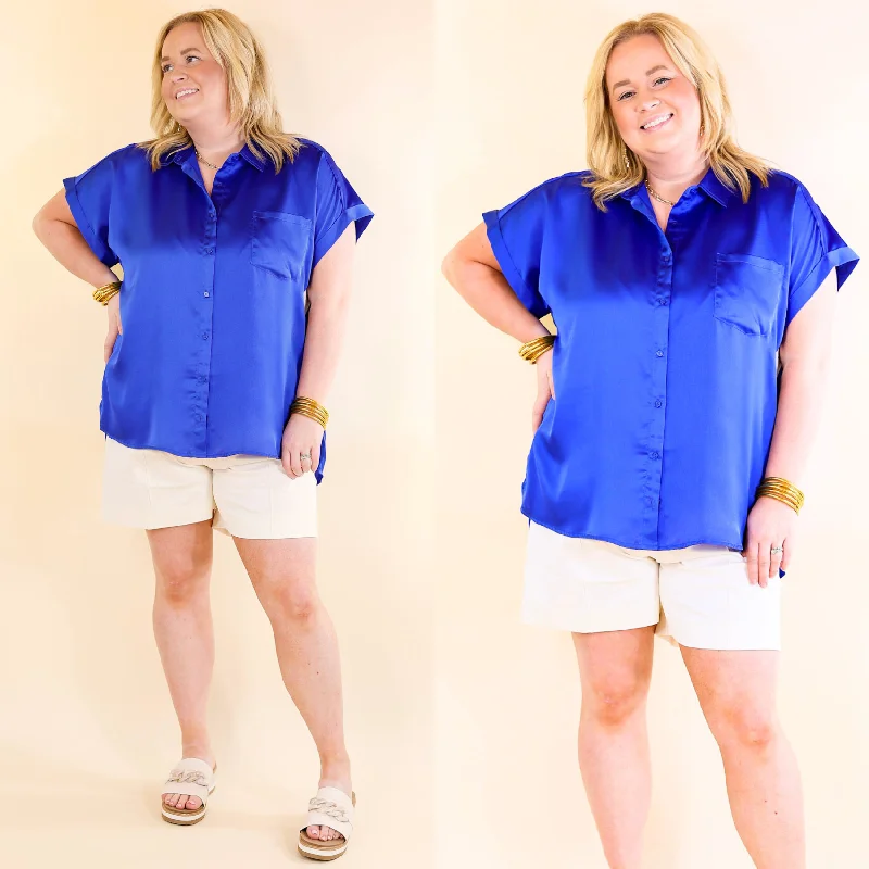 Stylish Loungewear for Women Free To Be Fab Button Up Short Sleeve Top in Royal Blue