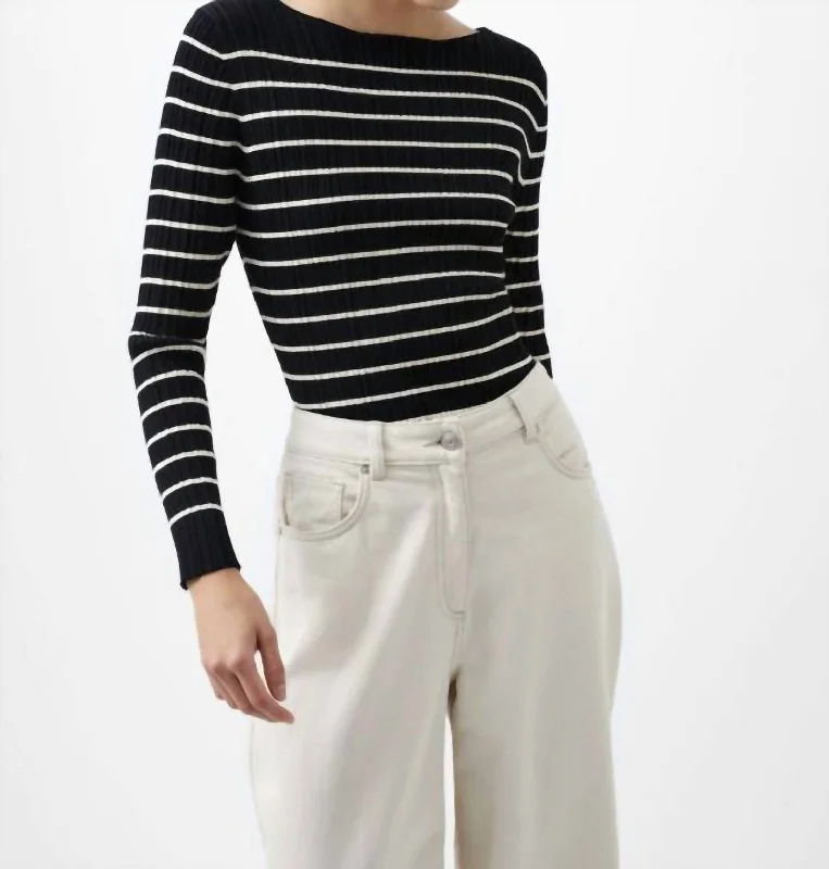 Fashion Essentials Stripe Crinkle Knit Top In Black/cream Stripe