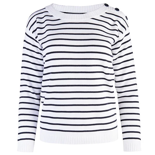 Women's Festive Attire Boatneck Pullover in White/Navy Stripe