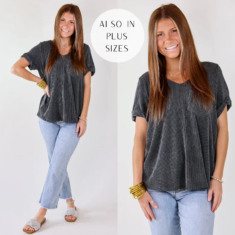 Stylish Women's Attire Only True Love Ribbed Short Sleeve Top with Front Pocket in Charcoal Black