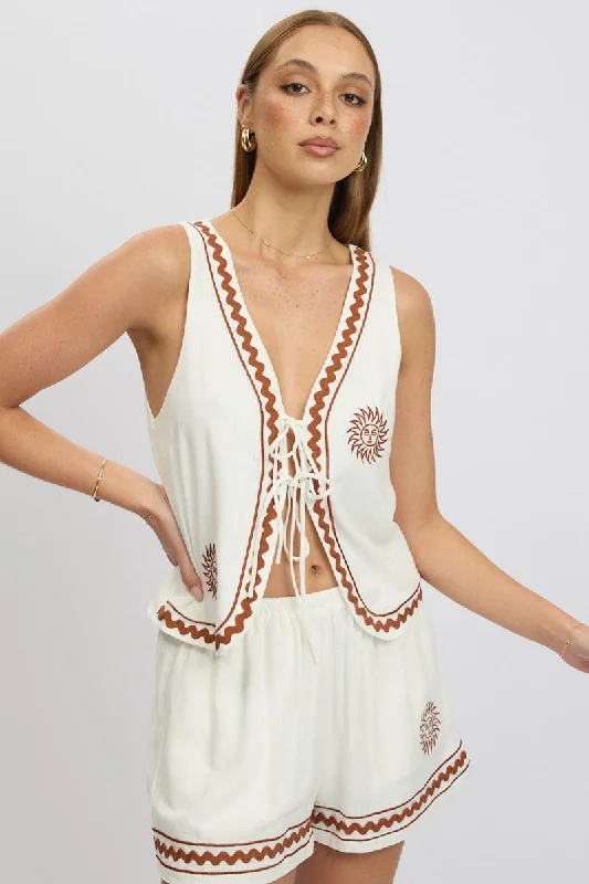 Latest Trends White Linen Vest Sleeveless Embroidery