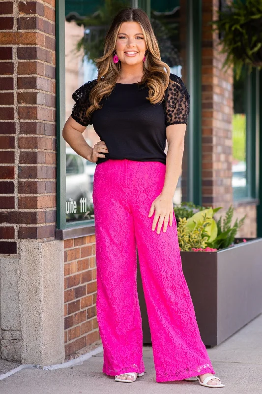 Women's Stylish Professional Garments Hot Pink Lace Wide Leg Pants