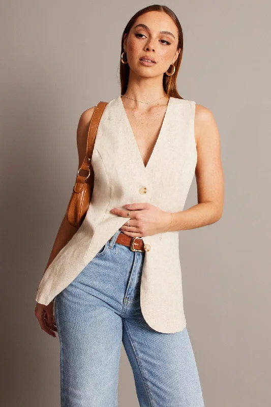 Fashion Essentials Beige Linen Vest Longline V Neck