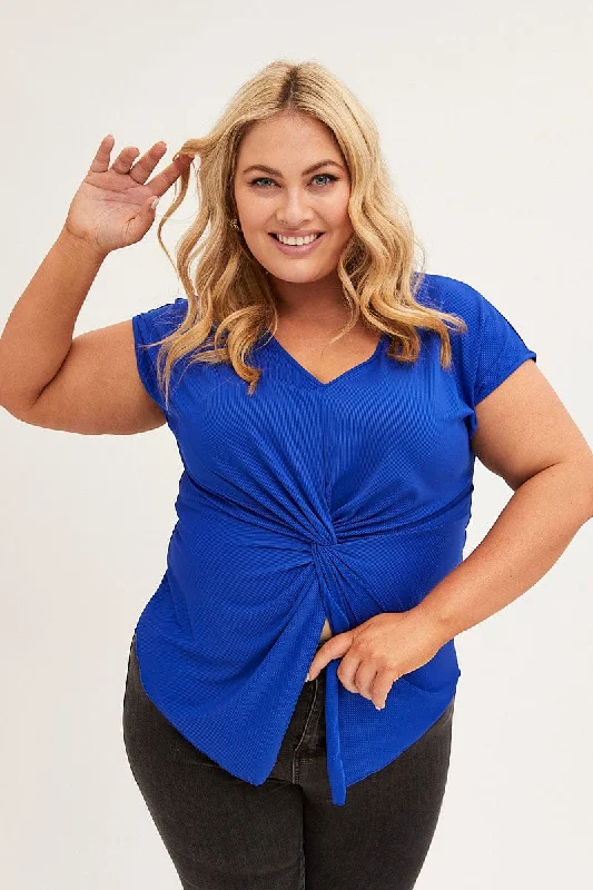 Women's Clothing Sale Blue Twist Top Short Sleeve