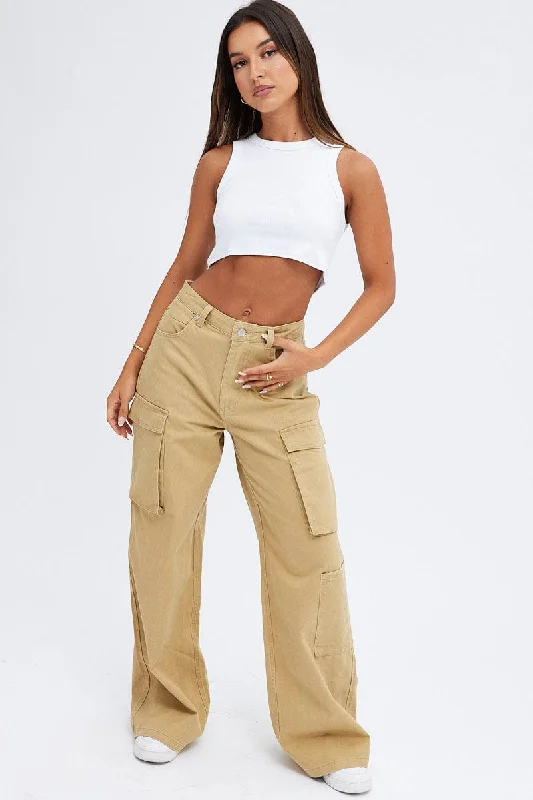 Women's Trendy Outfit Beige Cargo Jeans Wide Leg Mid Rise