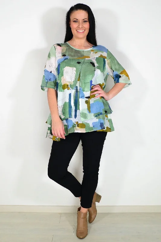 Free Spirited Fashion Green Layered Abstract Tunic Top