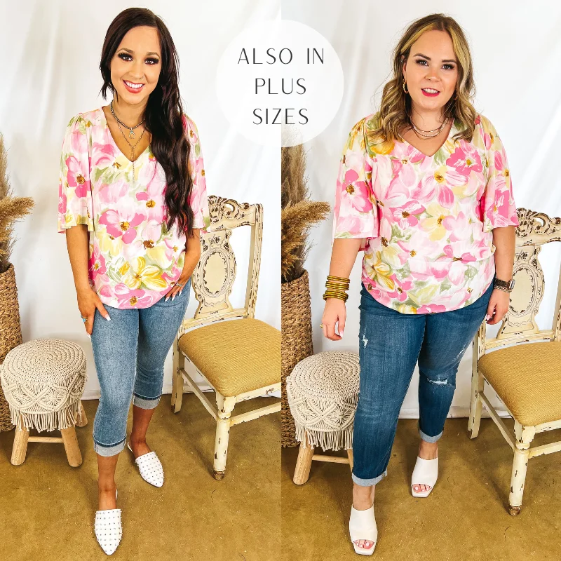 Stylish Women's Garments Last Chance Size Small & Medium | Suite Life Floral V Neck Top in Pink and Yellow