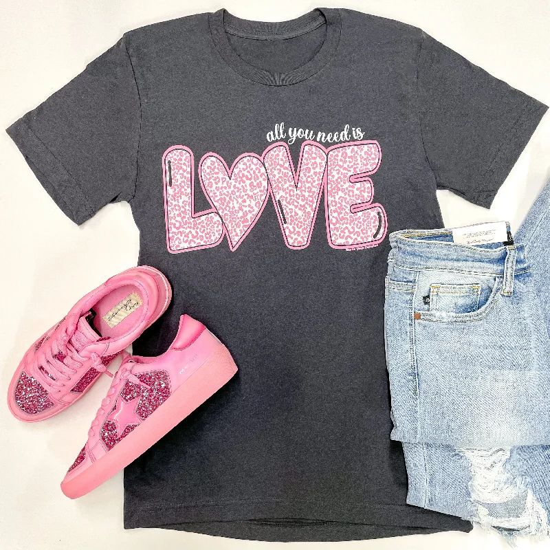 Women's Plus-Size Attire All You Need Is Love Short Sleeve Graphic Tee in Charcoal Grey