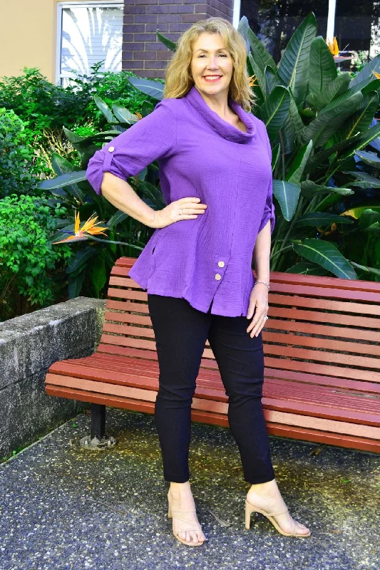 Rocker Chic Fashion Purple Rolled Neck Coconut Button Tunic Top