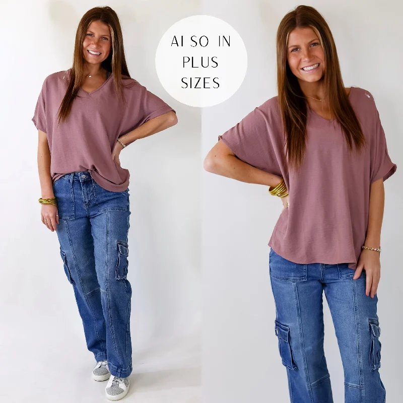 Casual Attire For Women Lovely Dear V Neck Short Sleeve Solid Top in Mauve Purple