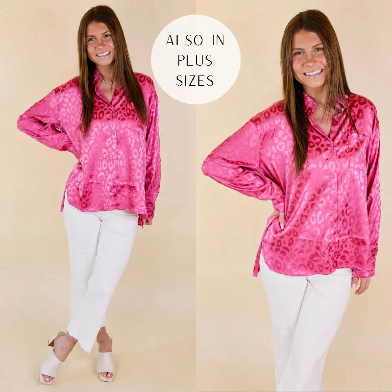 Women's Athletic Garments Top It Off Long Sleeve Button Up Satin Leopard Top in Hot Pink