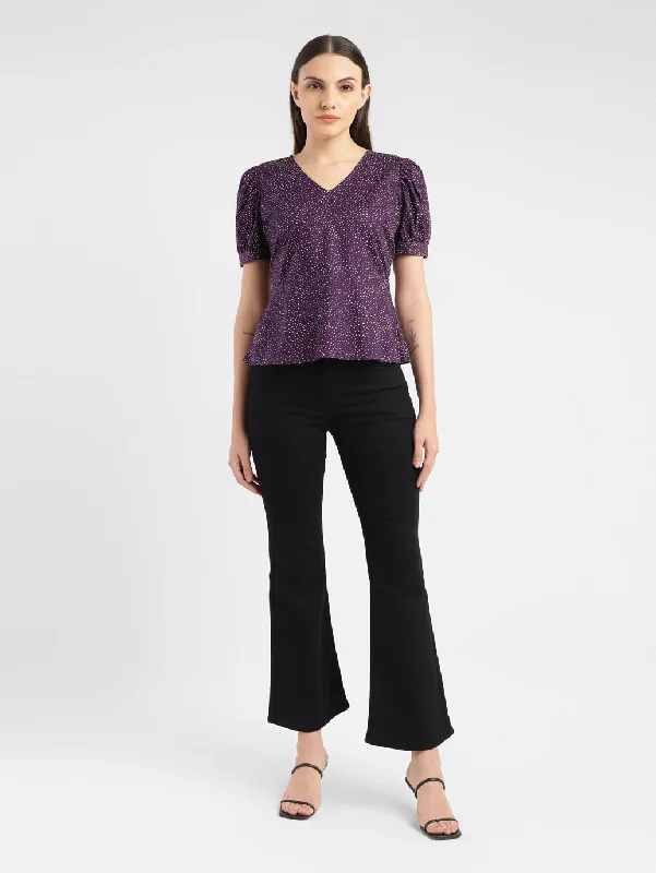 Women's Evening Outfit Women's Printed Purple V Neck Top