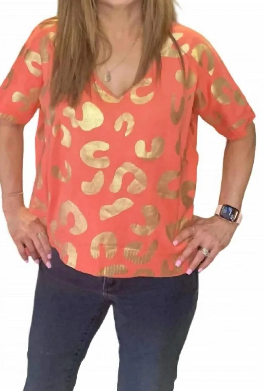 Women's Functional Apparel For Outdoor Activities Metallic Leopard Print Knit Top In Coral/gold