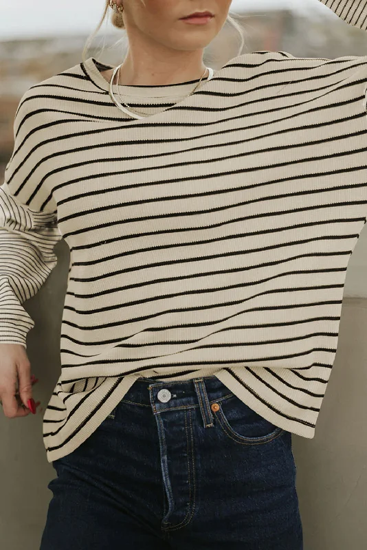 Casual Chic Clothing Striped Patchwork Loose Long Sleeve Tee