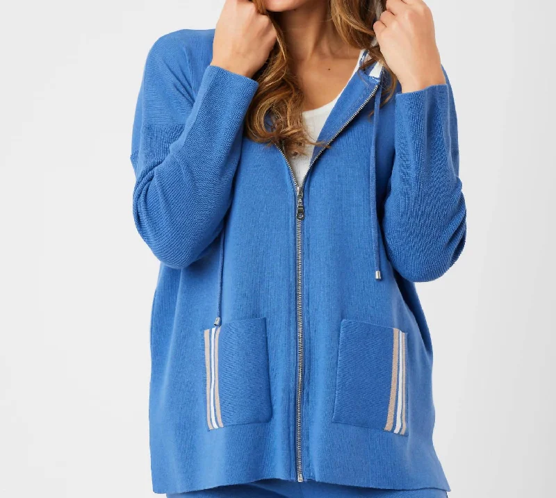 Luxe Women's Fashion Stripe Detail Zip Up Hoodie In Denim/multi