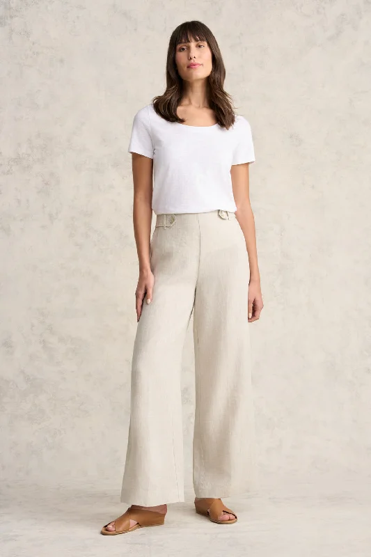 Women's Comfortable Lounge Garments Full Length Waist Tab Linen Pant - Natural Cross Dye