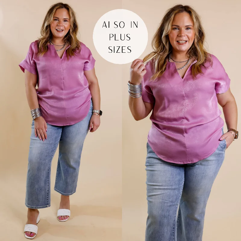 Women's Vacation Attire Channeling Confidence Notch Neck Short Sleeve Top in Dusty Purple