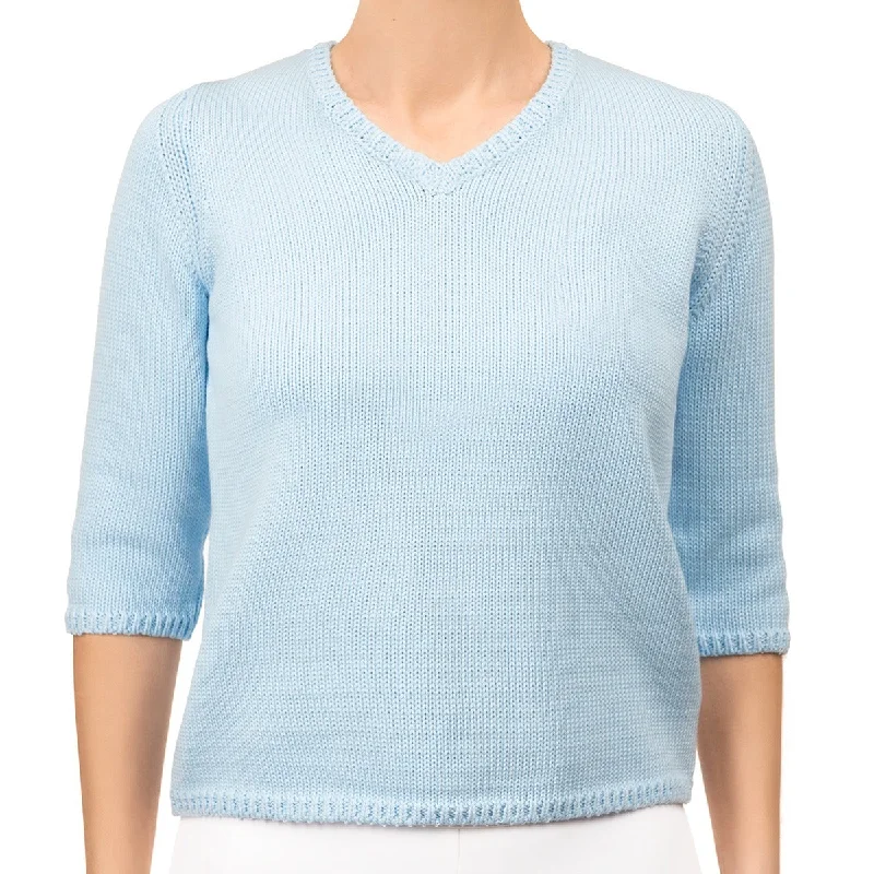 Chic Women's Clothing Online V Neck Cotton Pullover in Giorgio Blue