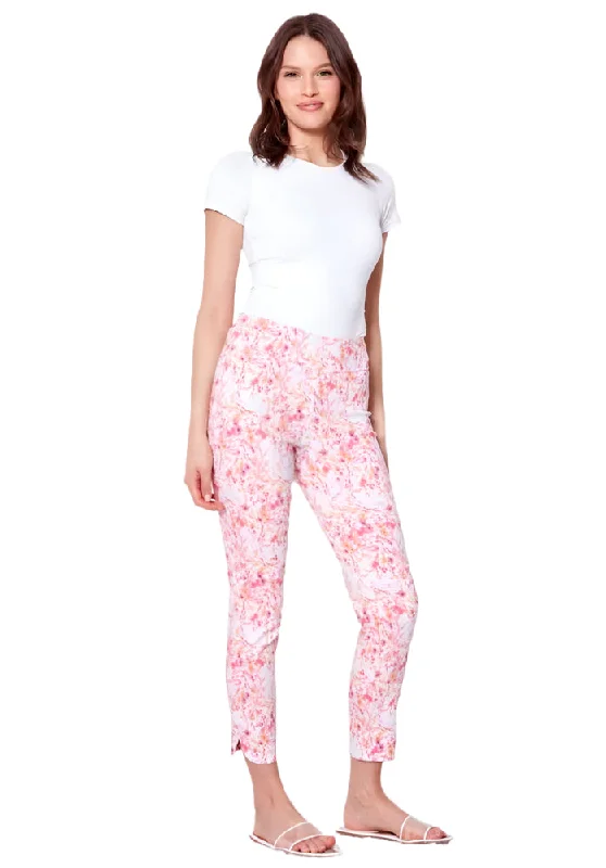 Women's Date Night Outfit UP! Ginger Petal-Slit Techno Ankle Pant - White Floral Ginger Print