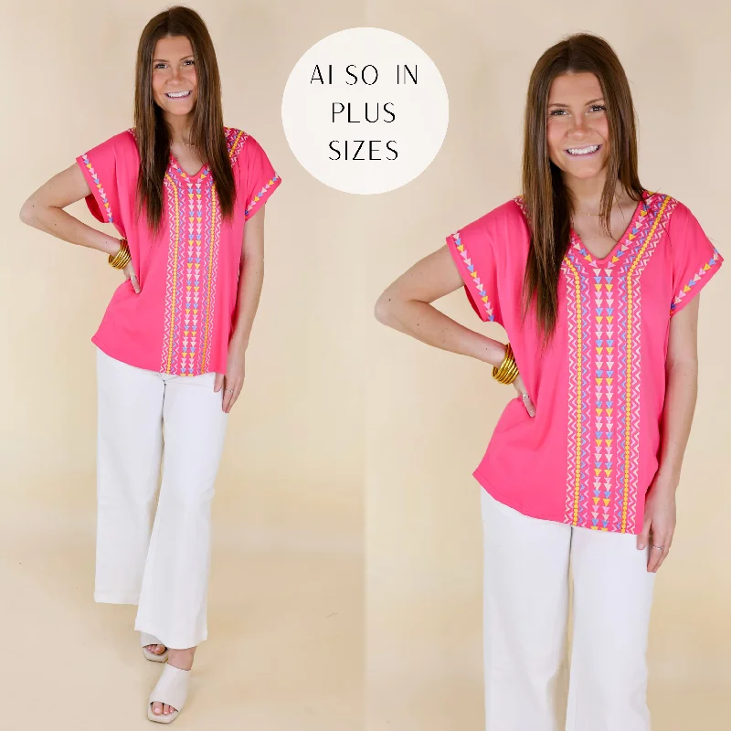 Women's Travel Attire Paradise Found Embroidered Short Sleeve Top with V Neckline in Pink