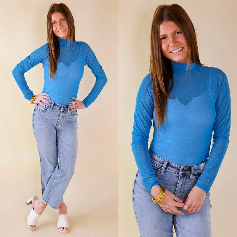 Women's Fashionable Attire For Work Try Your Luck Glitter Mesh Long Sleeve Bodysuit in Blue