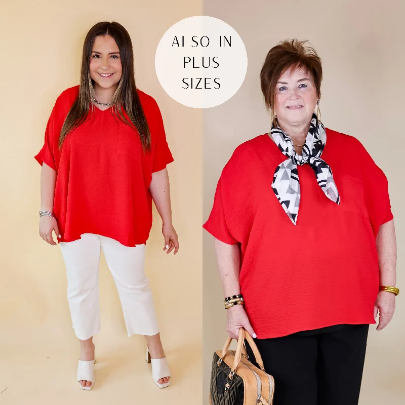 Women's Travel Outfit Set Plus Sizes | Try To Resist Short Sleeve V Neck Top with Front Pocket in Red