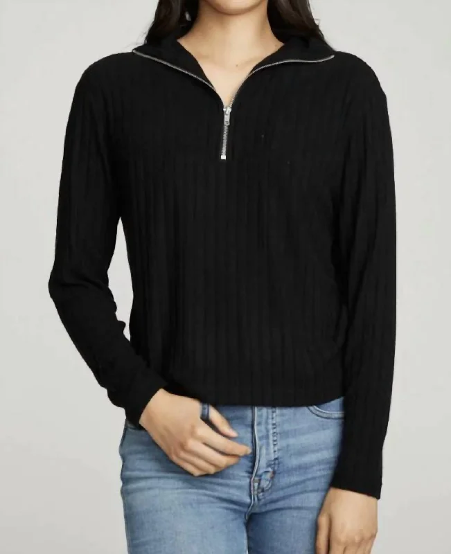 Women's Street Style Casual Wear Zip Up Mock Neck Ls Pullover In True Black