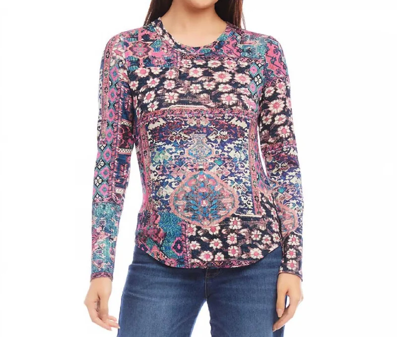 Women's Comfy Attire For Lounging Long Sleeve Crew Neck Top In Multi Print