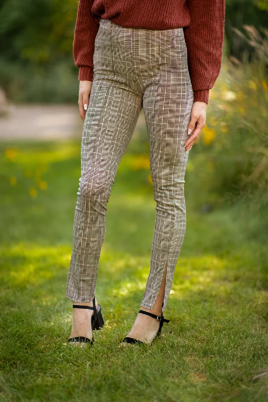 Casual Fashion Brown and White Plaid Pull On Pants