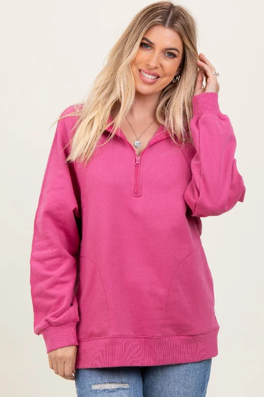 Workwear Fashion for Women Pink Half Zip Contrast Rib Sweatshirt Top