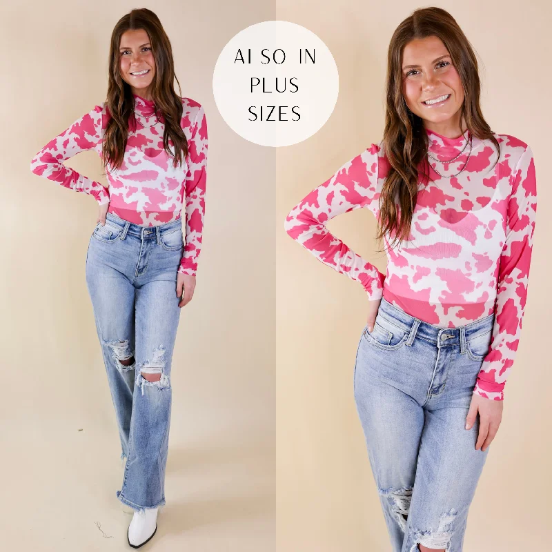 Women's Seasonal Garments Try Your Luck Cow Print Mesh Long Sleeve Bodysuit in Pink