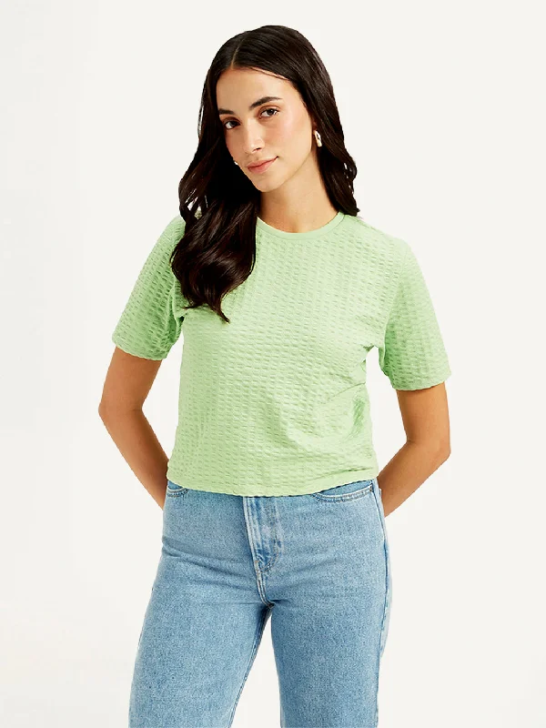 Elegant Women's Fashion Women's Textured Light-Green Crew Neck Top