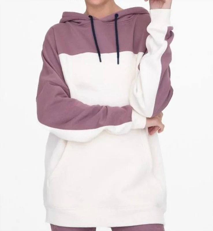 Comfortable Casual Wear Color Blocked Hoodie Pullover With Pockets In Dark Mauve