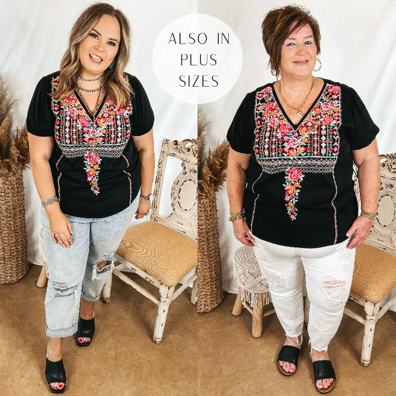 Plus-Size Women's Garments Think About Me Embroidered V Neck Top with Short Sleeves in Black