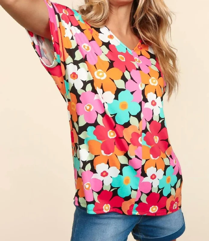 Exclusive Online Sale V Neck Loose Fit Dolman Floral Print Knit Top In Multi