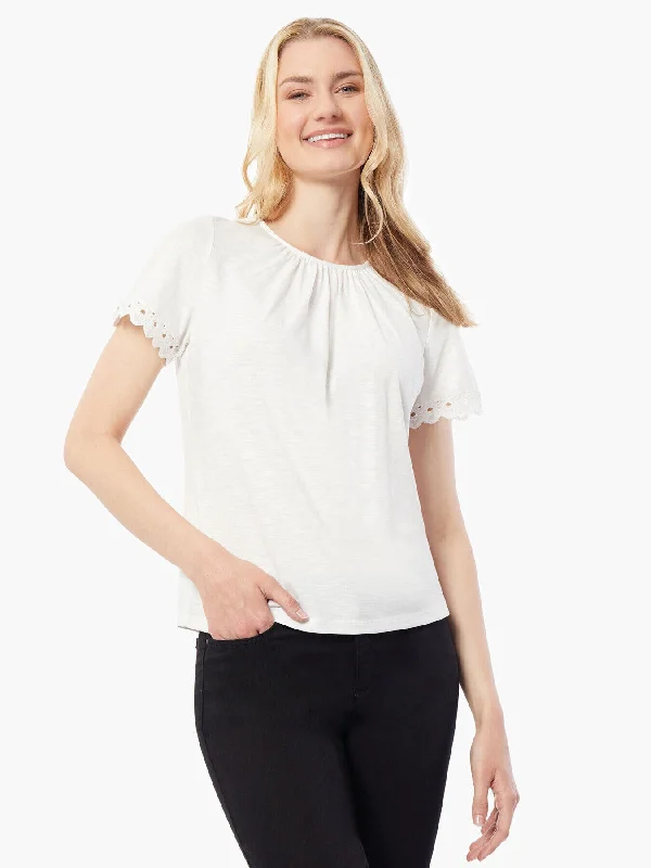 Casual Chic Clothing Lace Trim Short Sleeve Slub Knit Top