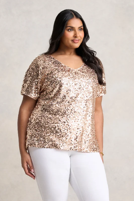 Women's Trendy Outfits Sequin T-Shirt - Ice Gold