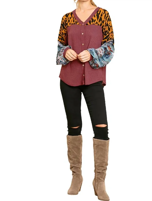 Flash Sale Event Animal & Aztec Waffle Knit Top In Berry